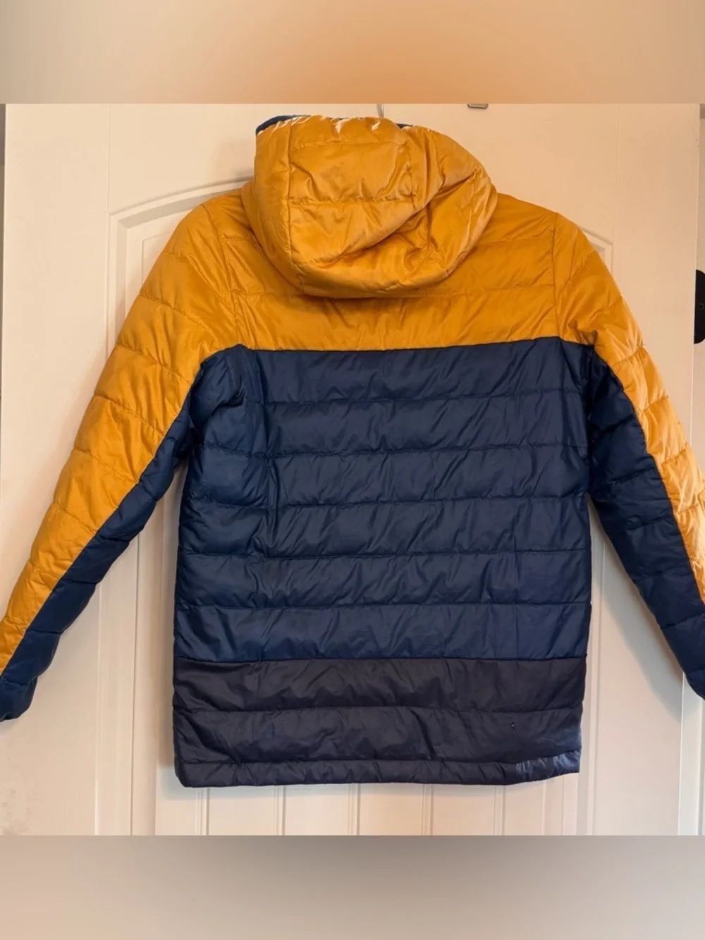 Patagonia Kids Reversible Down Sweater Hoody Navy & Mustard – Size L (12)